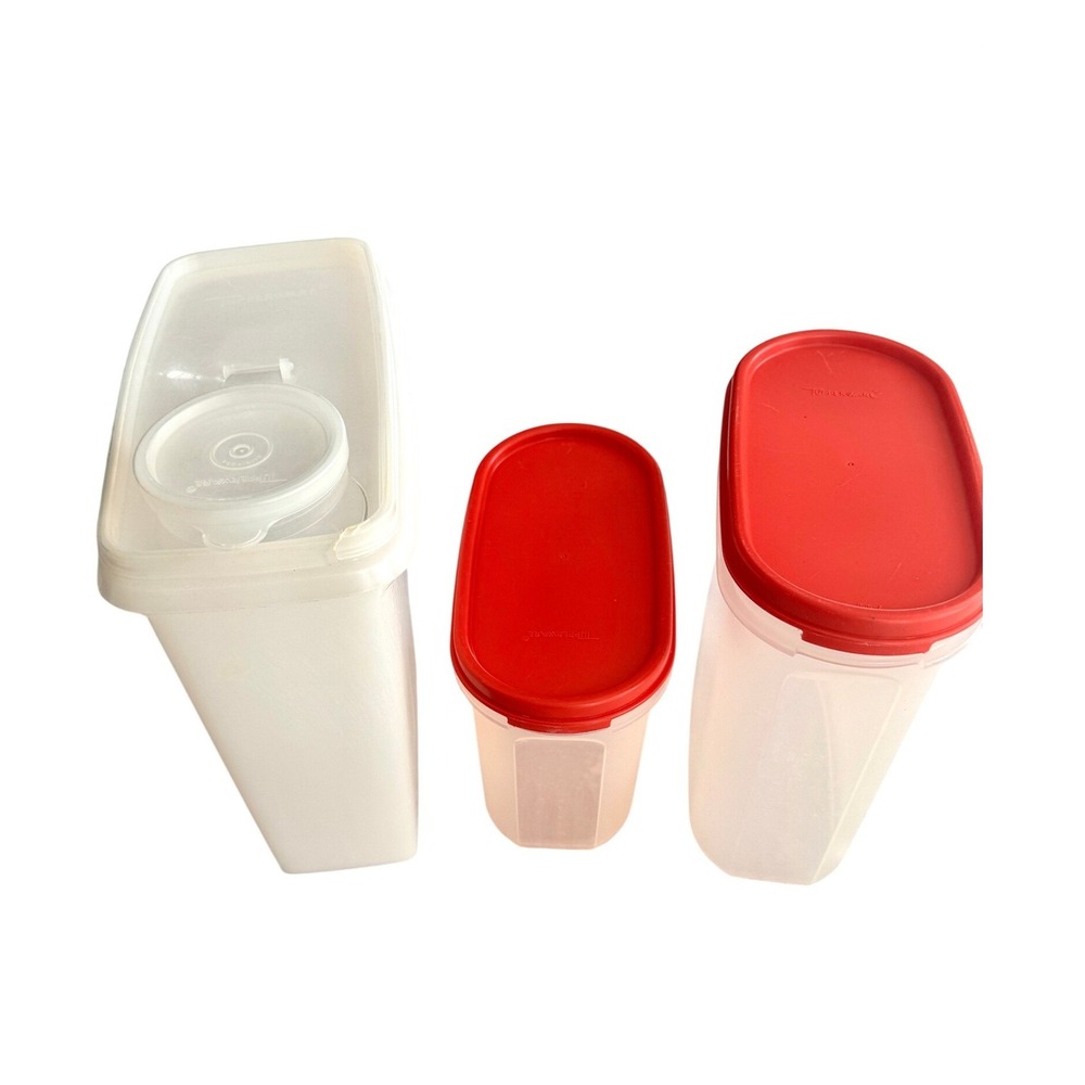 Tupperware Modular Mates Vintage Pantry Storage Set Red White 3 Piece Clear